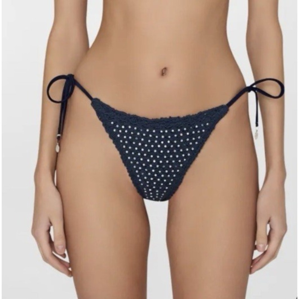 Milly Cabana Size Large Crystal Glimmer Crochet Side Tie Bikini Bottoms Navy